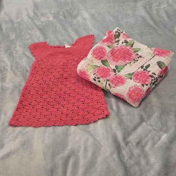 Gymboree Other - Gymboree Coral Crochet Baby Dress And Floral Cotton Blanket (1028)